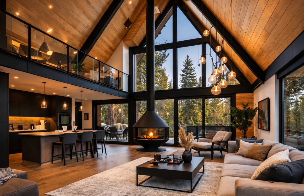 AI-edited reference concept of a timber A-frame living room with a suspended fireplace; not an IFM installation.