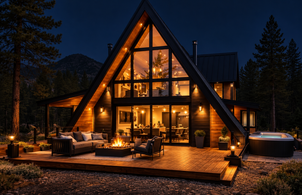 AI-edited reference concept of a warmly lit A-frame exterior at night; not an IFM installation.