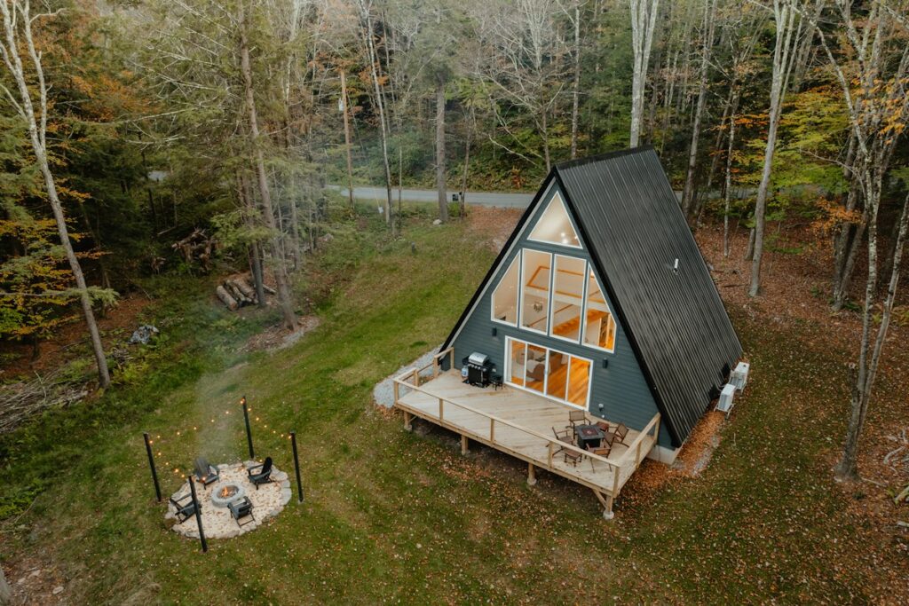 Woodland A-frame cabin, architectural inspiration, not an IFM installation.