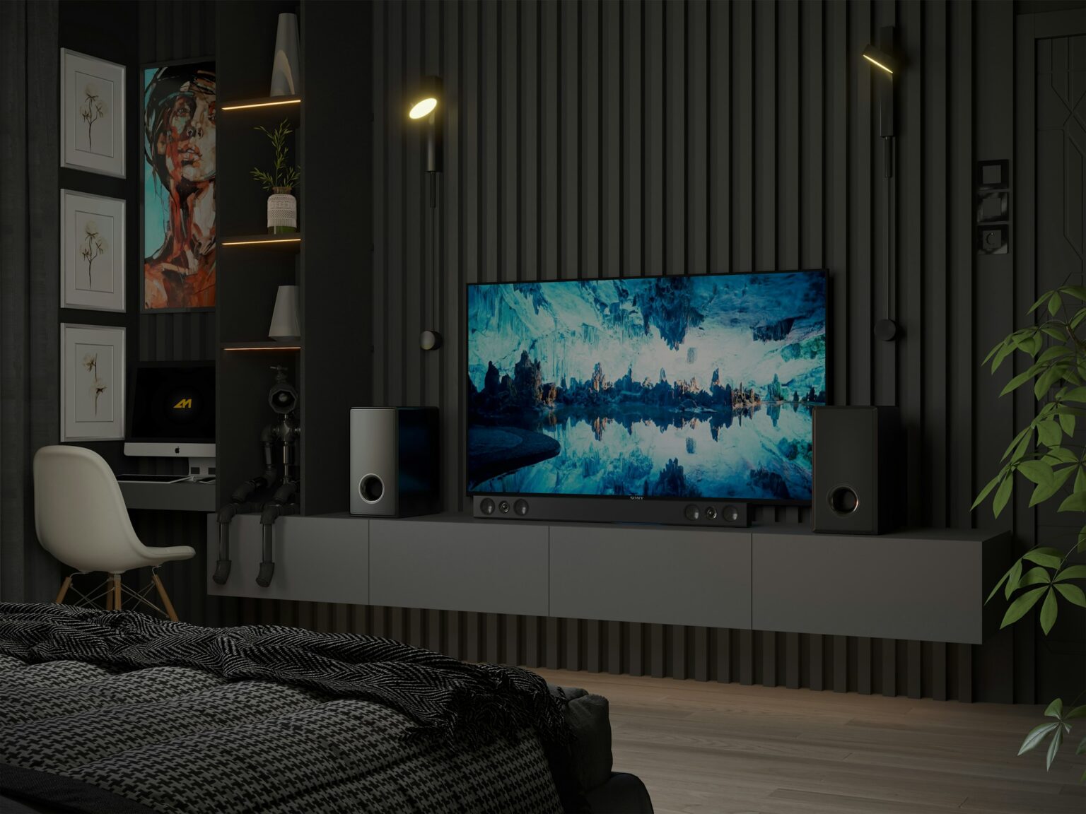 Illustrative interior concept with charcoal walls, warm lighting, a television, speakers and a desk. Not an IFM installation.