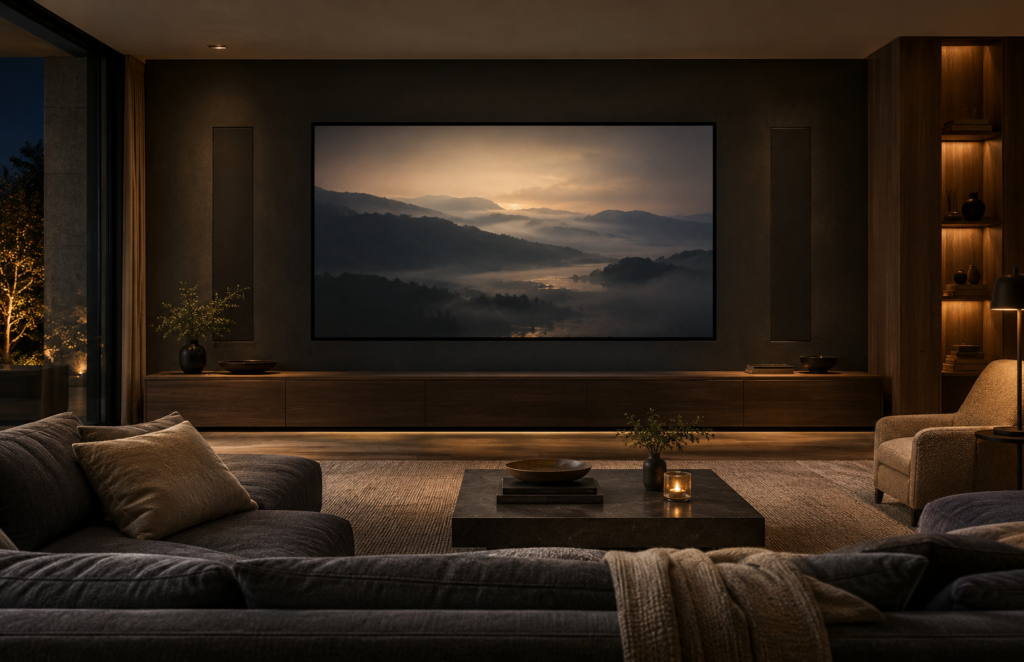 AI-generated concept of a listening lounge with integrated speakers and a large screen; not an IFM installation.