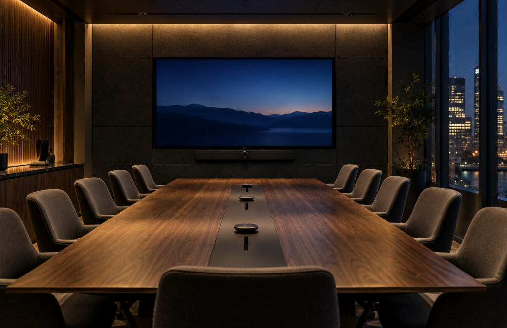 AI-generated concept of a dark boardroom with conferencing equipment; not an IFM installation.